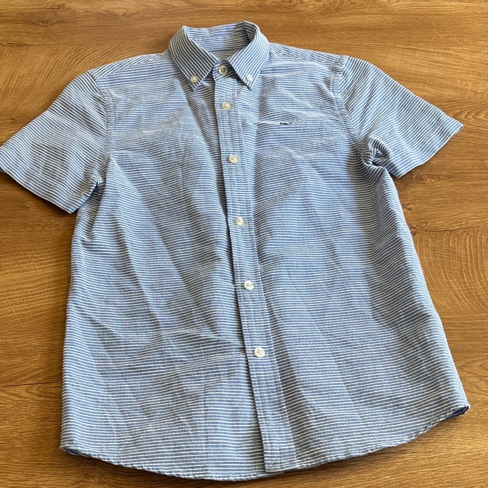 Vineyard Vines Boys Blue Striped Short-Sleeve Button-Down Whale Shirt Size Small